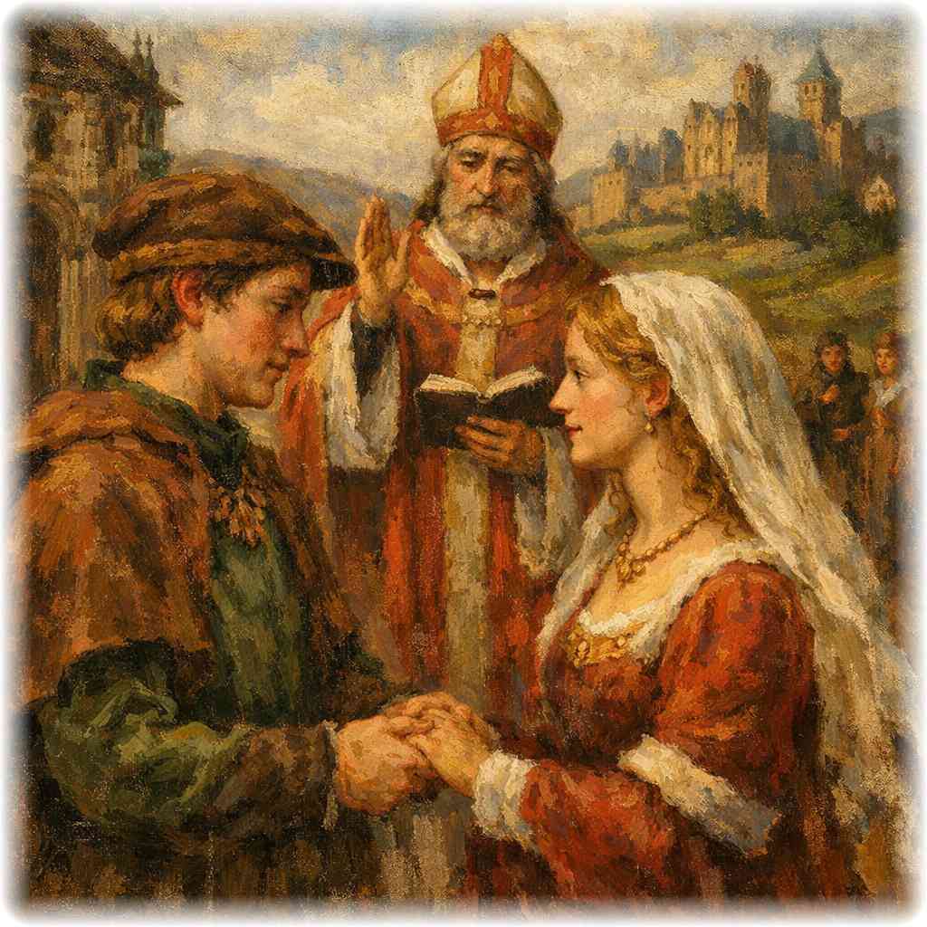 中世ヨーロッパの風景の中で結婚する男女と、その奥に立つバレンタインらしき人物を描いた油絵風の挿絵