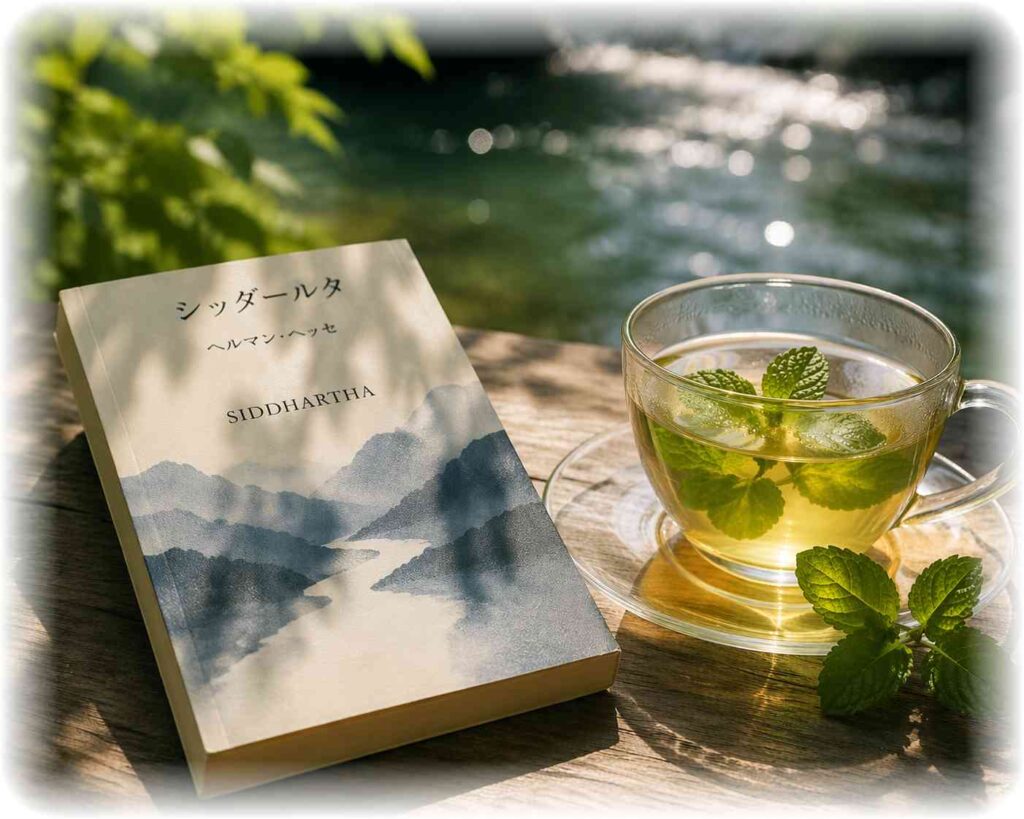 æšã®ããŒãã«ã®äžã«çœ®ãããã·ãããŒã«ã¿ã®æ¬ãšãã³ãã®ããŒããã£ãŒãèæ¯ã«æ°ŽèŸºã®å
ãæºãã颚æ¯