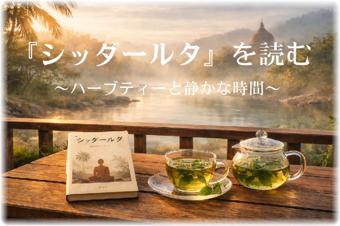 柔らかな朝の光に包まれたベランダの木製テーブルに置かれたシッダールタの本とスペアミントティー、霧に包まれた静かな川の風景