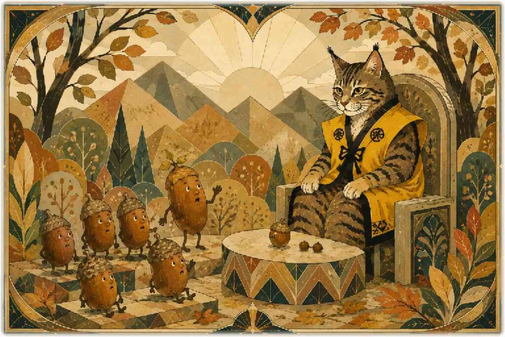黄色い陣羽織を着た山猫とどんぐりたちが集まる秋の山のイラスト