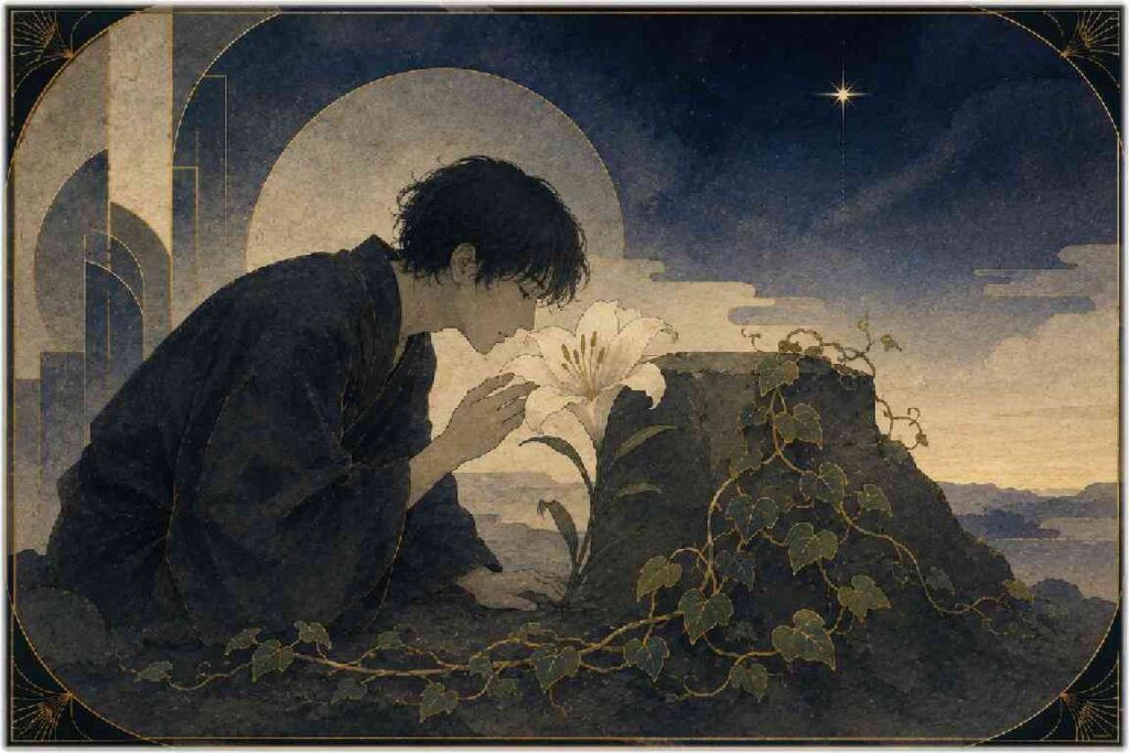 蔦の這う白い百合に顔を寄せる男を描いた『夢十夜』第一夜をイメージした幻想的なイラスト