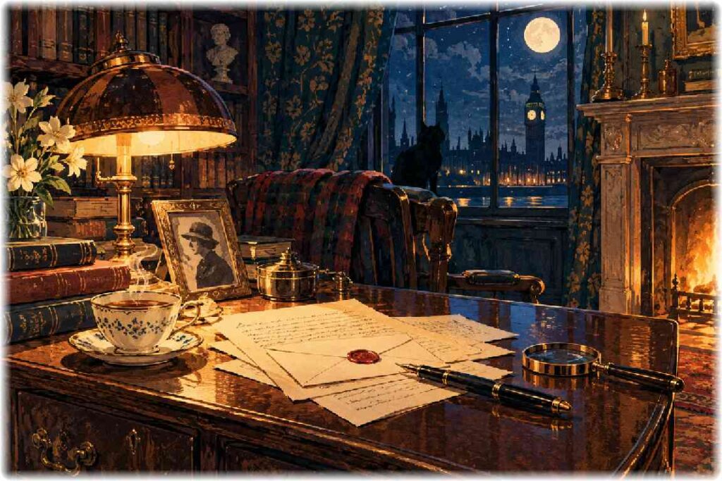 夜の書斎に置かれた手紙と万年筆を描いた『謎の遺言書』をイメージした挿絵