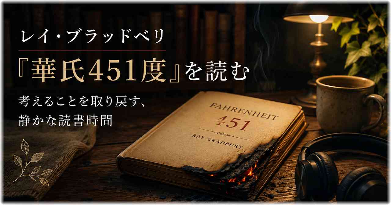 暖かなランプの灯りの中、木製の机に置かれたレイ・ブラッドベリ『華氏451度』