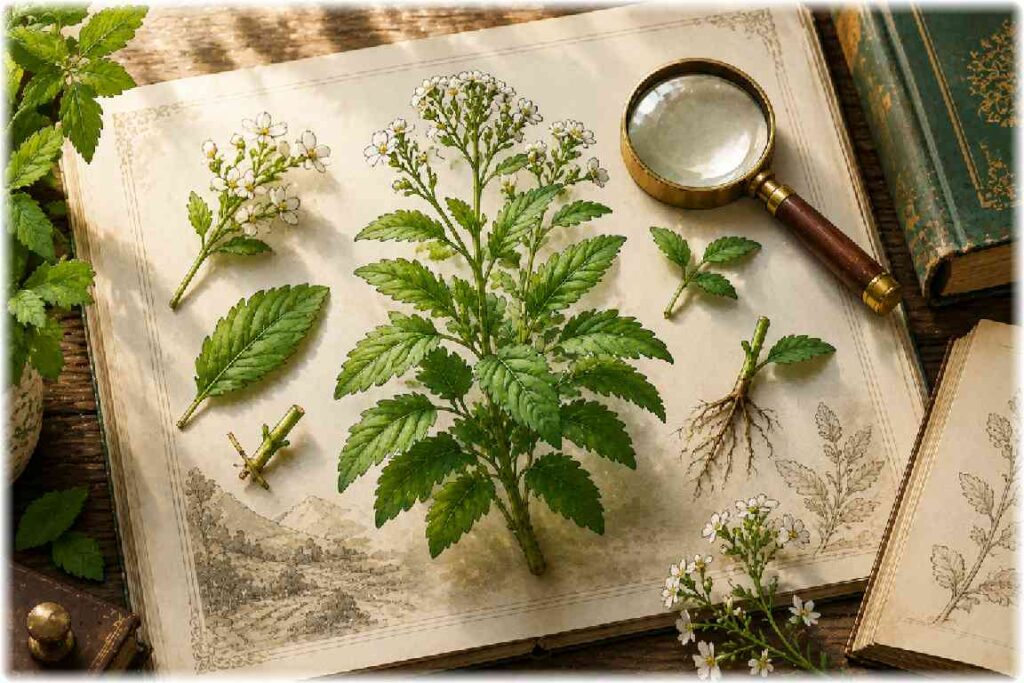 古い植物図鑑の上に並べたステビアの葉や白い花とルーペ