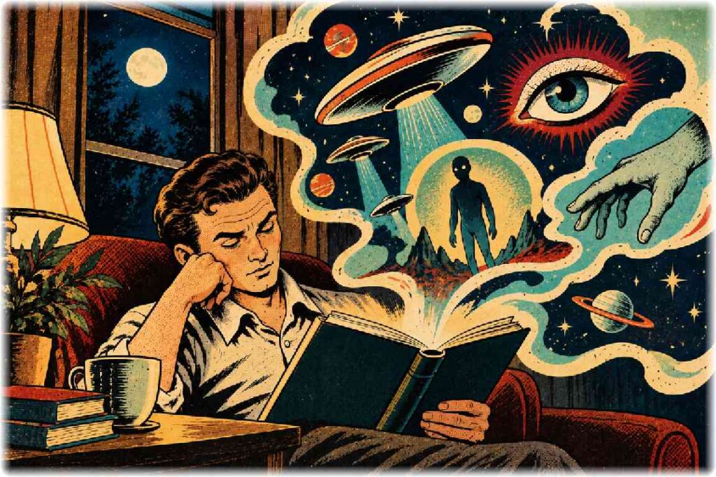 本を読む男性と奇妙な宇宙のイメージを描いたレトロSF風イラスト